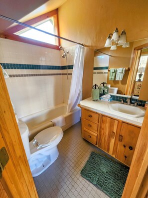 Hair dryer, towels, soap, toilet paper