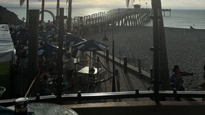 A beach scene with palm trees, a pier, and beach umbrellas. - SunCoast Luxury Estates-New, Spacious,  Large Heated Pool, 10 min to the Beach  (Venice)