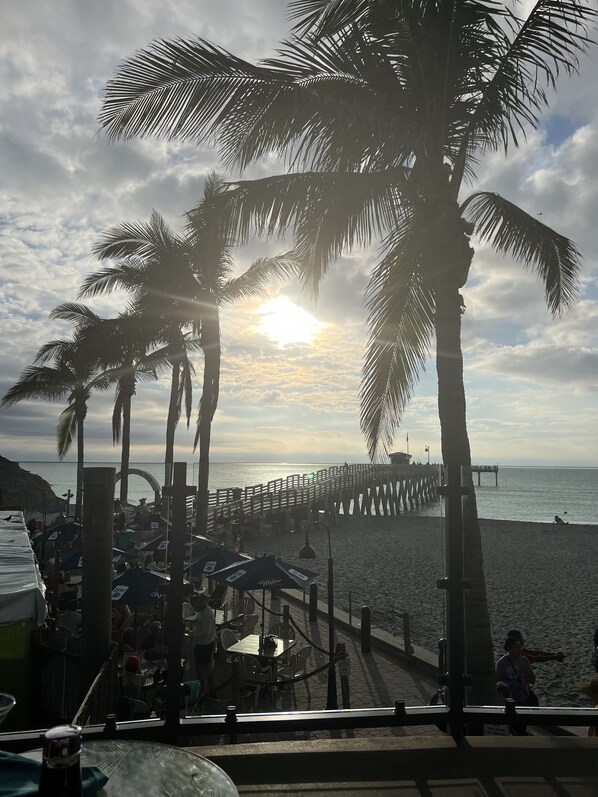 A beach scene with palm trees, a pier, and beach umbrellas.
