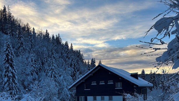 A snow-covered house with a dark roof, surrounded by snow-laden trees and a clear sky. - LES COMBES apartment-chalet sleeps 4 classified 3 * LES ROUSSES (Les Rousses)