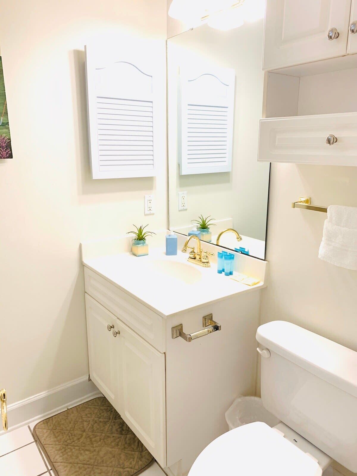 A bathroom with a white sink, a mirror, a toilet, and a small trash bin.