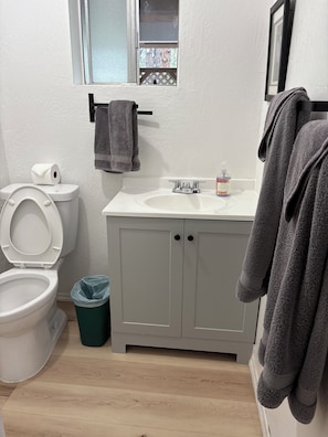 Shower, hair dryer, towels, soap