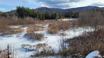 Un paysage enneigé avec une rivière, des arbres et des collines à l’horizon.