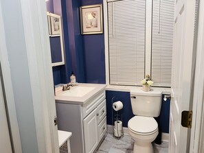 Combined shower/bathtub, soap, toilet paper
