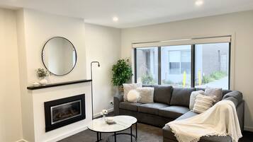 Smart TV, fireplace, books