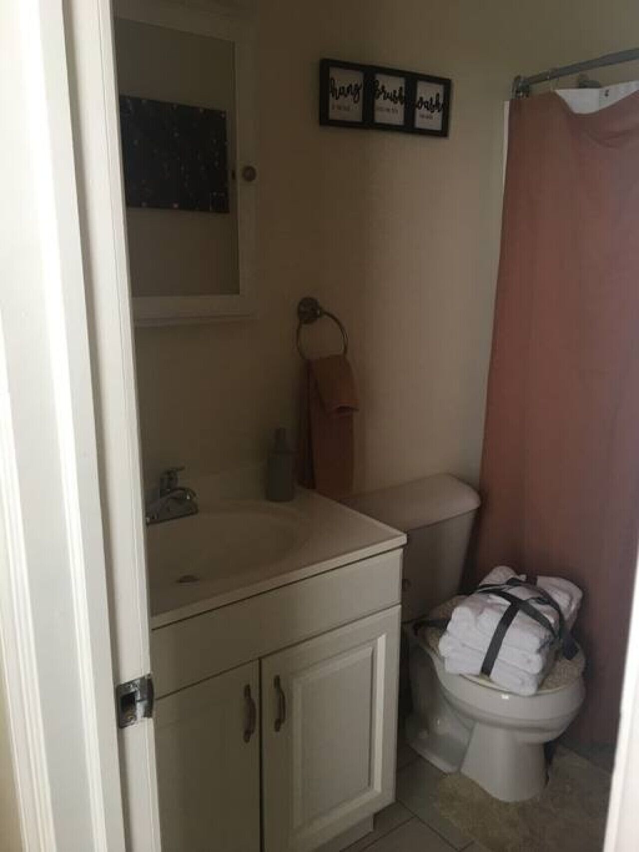 A small bathroom with a toilet, sink, and cabinet. There is a shower curtain and a towel rack.