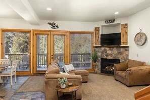 TV, fireplace, books, offices