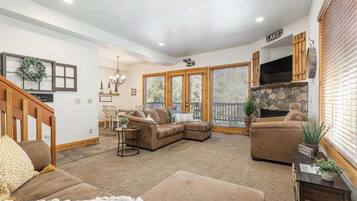 TV, fireplace, books, offices