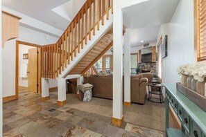 TV, fireplace, books, offices