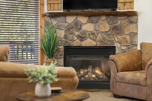 TV, fireplace, books, offices