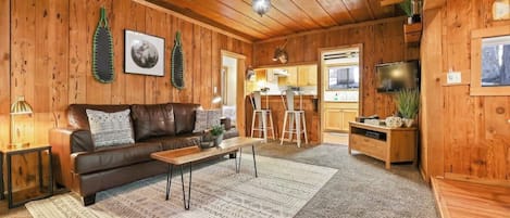 TV, fireplace, books, offices