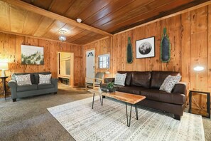 TV, fireplace, books, offices