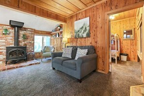 Televisión, chimenea, libros y oficina 