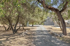 A gravel driveway leading to a building with a large barn-like structure. - Riverfront Gateway to Sequoia NP (Three River)
