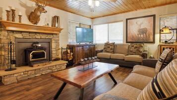 Una televisión, una chimenea, libros, una oficina