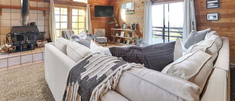 TV, peis, bøker og kontorer