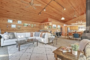 TV, fireplace, books, offices