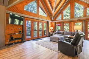 TV, fireplace, books, offices