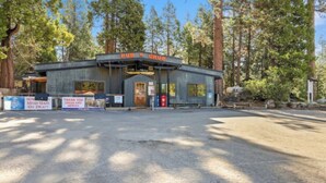 A rustic wooden building labeled 'PUB N GRUB' with a gravel parking area and surrounding trees.