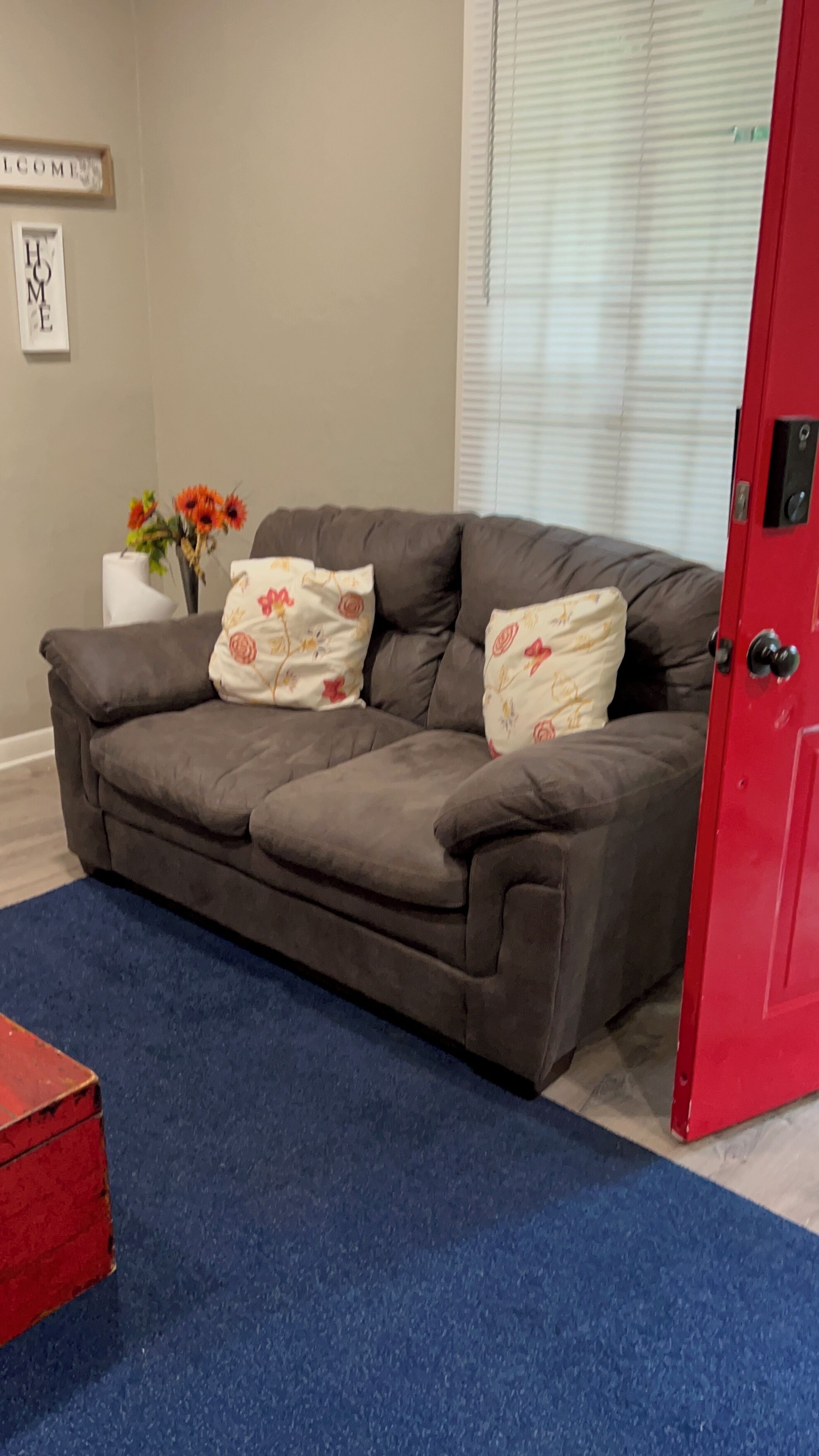 Ein graues Sofa mit floralen Kissen, eine rote Tür und ein blauer Teppich.