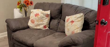 Ein graues Sofa mit floralen Kissen, eine rote Tür und ein blauer Teppich.