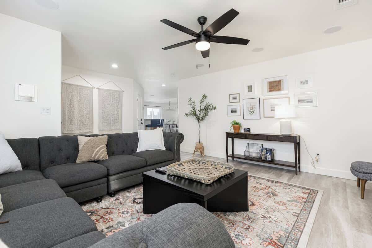 TV, fireplace, books, offices