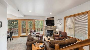 TV, fireplace, books, offices