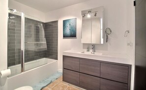 Combined shower/tub, hair dryer, soap, toilet paper