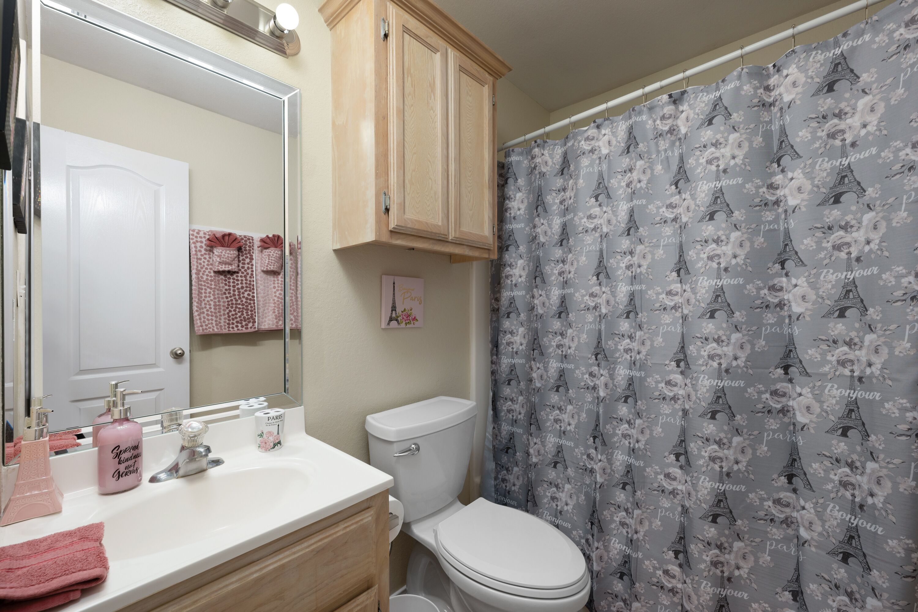 A bathroom with a white toilet, a sink with a mirror above it, and a shower curtain with a floral pattern.