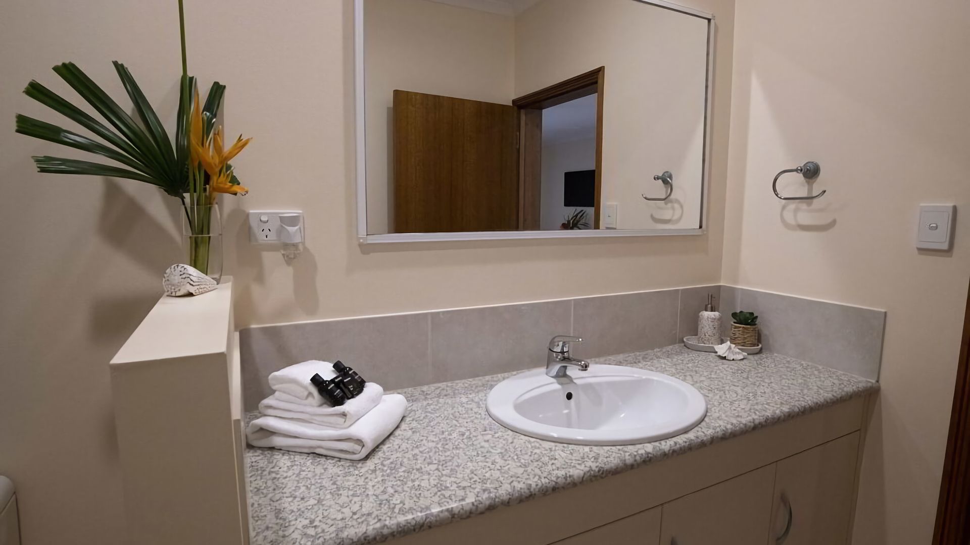A bathroom with a sink, mirror, towel stack, and a plant.
