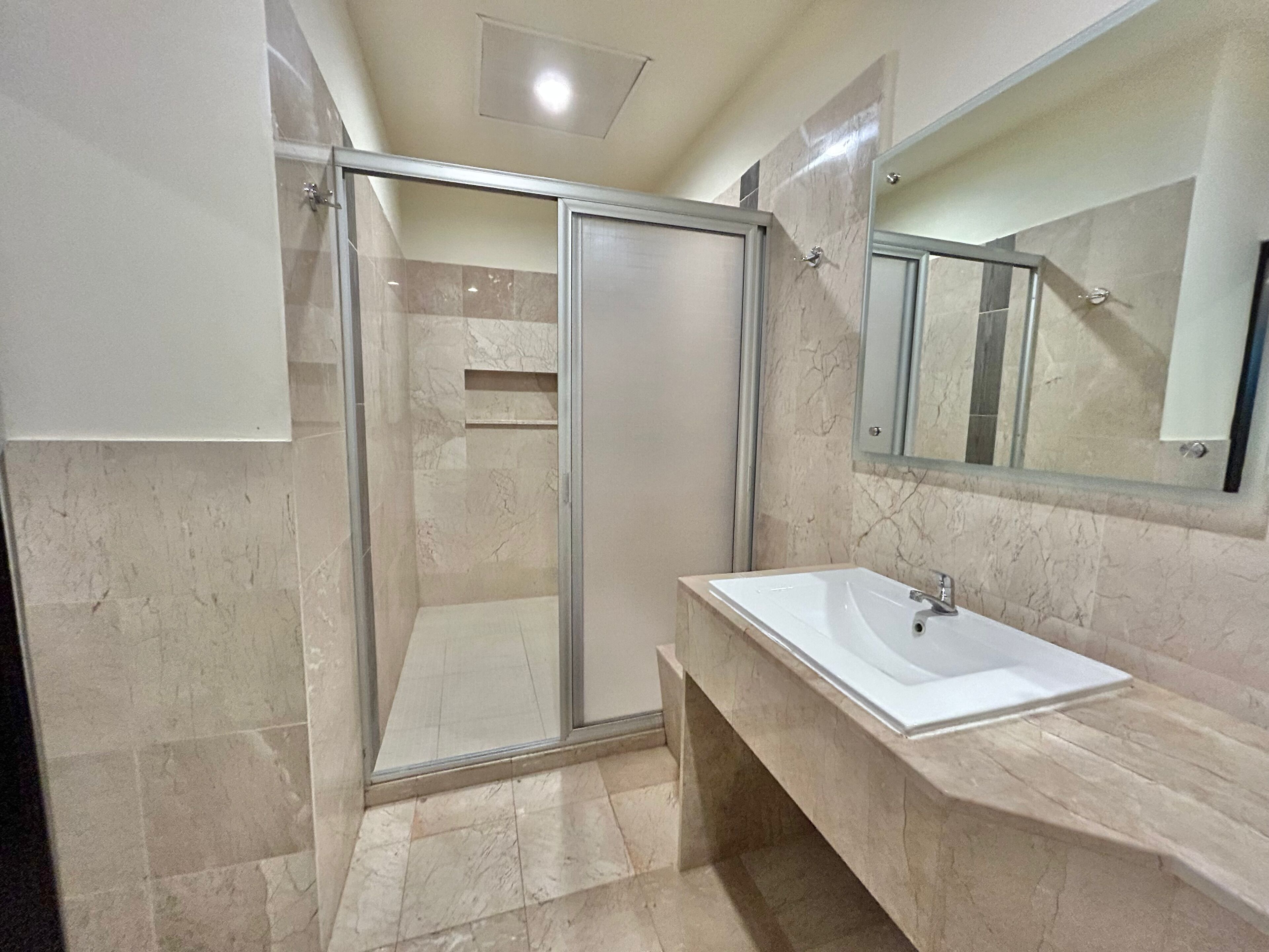 Un bagno con doccia vetrata, lavandino bianco e uno specchio grande.
