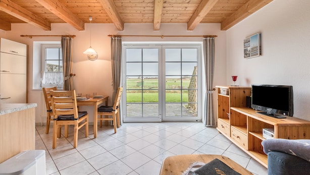 A wooden interior with a dining area, a television, and a sliding glass door to a garden.