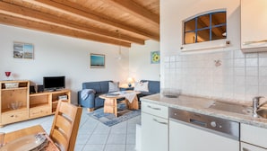 A compact kitchen with a dishwasher, a dining area with a table and chairs, a sofa, and a television on a wooden cabinet.