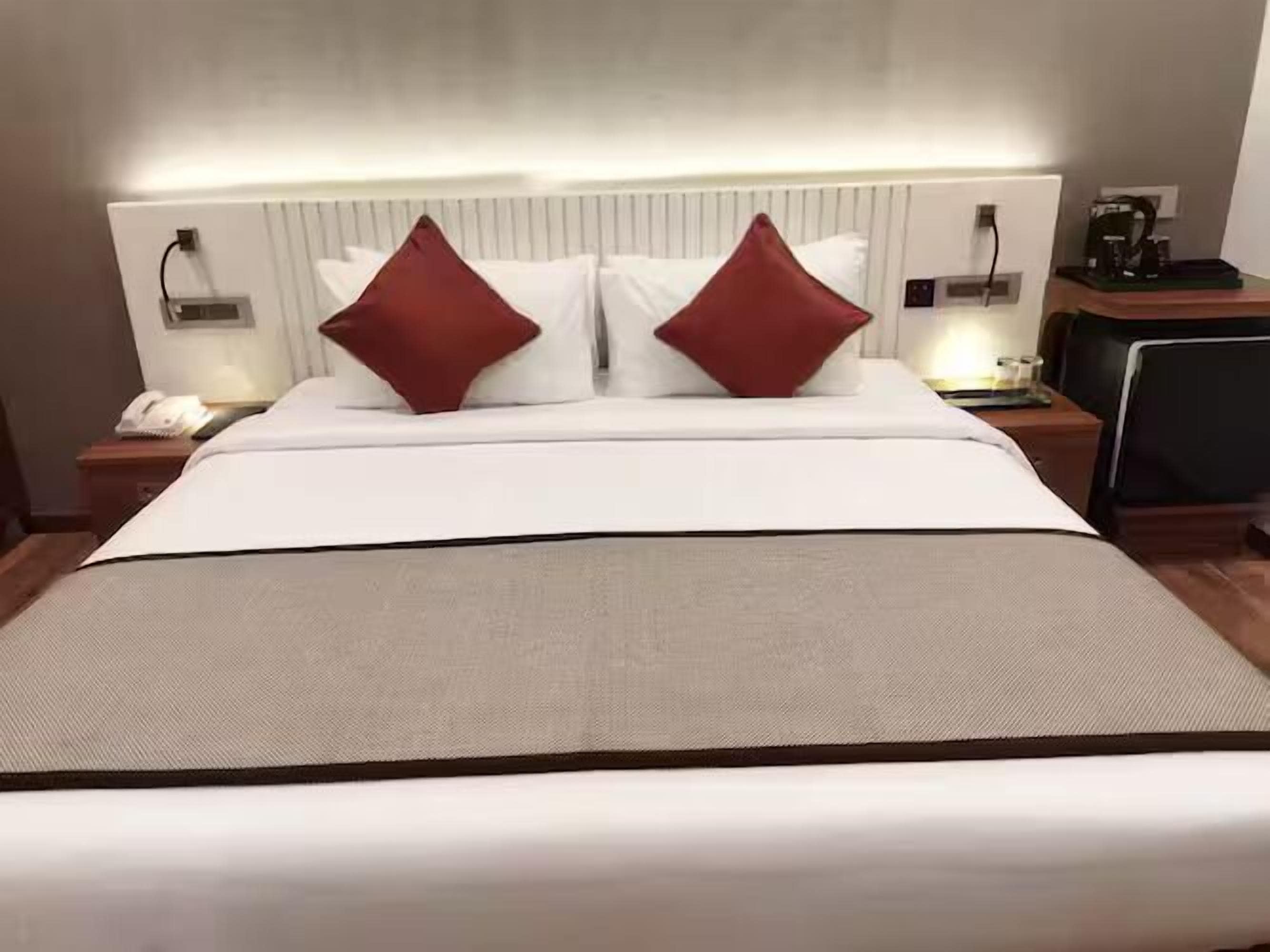 A hotel room with a large bed, two red pillows, a white headboard, a bedside table with a lamp, and a nightstand with a phone and a coffee maker.