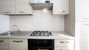 Una cocina moderna con estufa a gas, pileta de acero inoxidable y muebles bajos de madera clara.