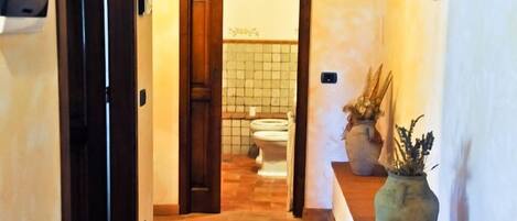Un pasillo con puerta de madera, pared de azulejos, un inodoro y dos plantas en macetas.