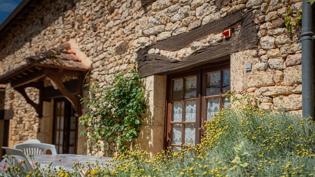 A stone building with a window and a door, surrounded by yellow flowers and greenery.