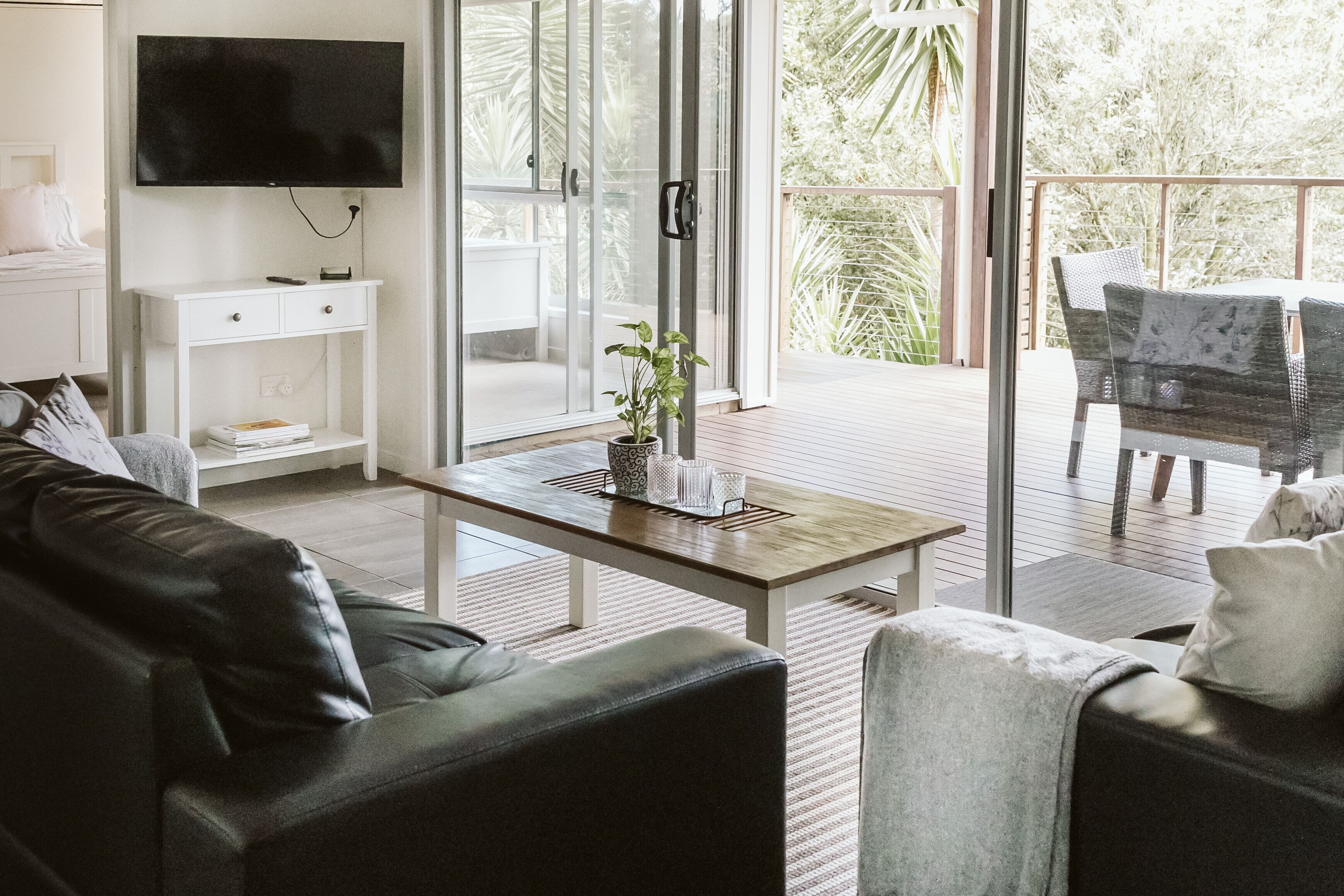 Smart TV, fireplace, books