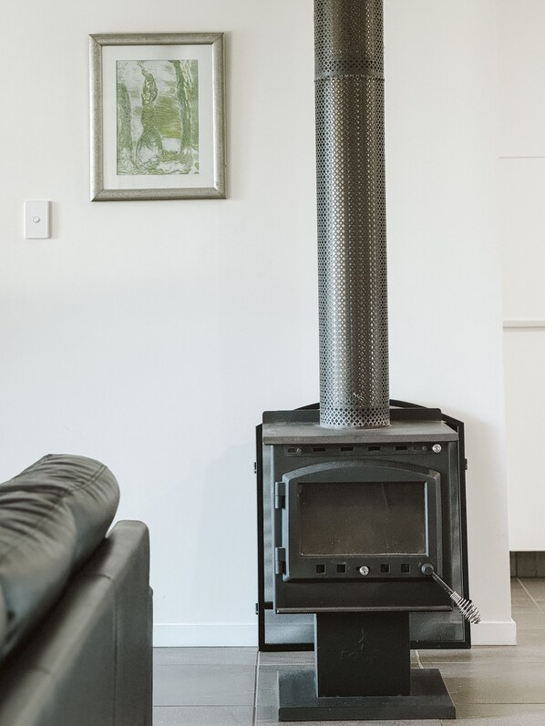 A modern living room with a black wood-burning stove, a framed artwork on the wall, and a black leather sofa. - Kookaburra - Private One Bedroom Cottage with Lake View (North Maleny)