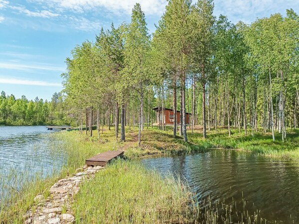 A cabin surrounded by a dense forest, a dock extending into a calm lake, and a clear sky.