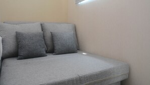 Rincón de una habitación con un sofá gris y dos almohadones.
