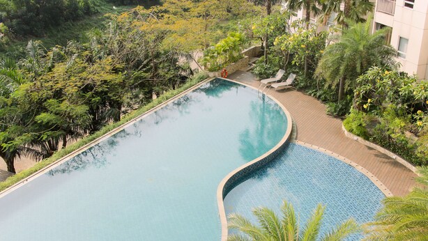 Una amplia piscina curvada rodeada de exuberante vegetación y una terraza de madera.