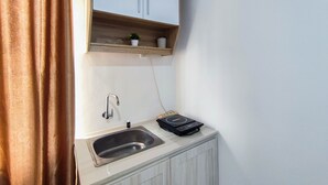 Una cocina compacta con un lavamanos, una encimera, un estante pequeño con una planta en maceta y una regleta de enchufes.