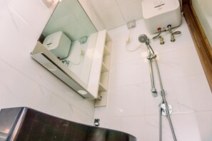 Une salle de bain moderne avec un miroir, une douchette à main et un robinet mural.