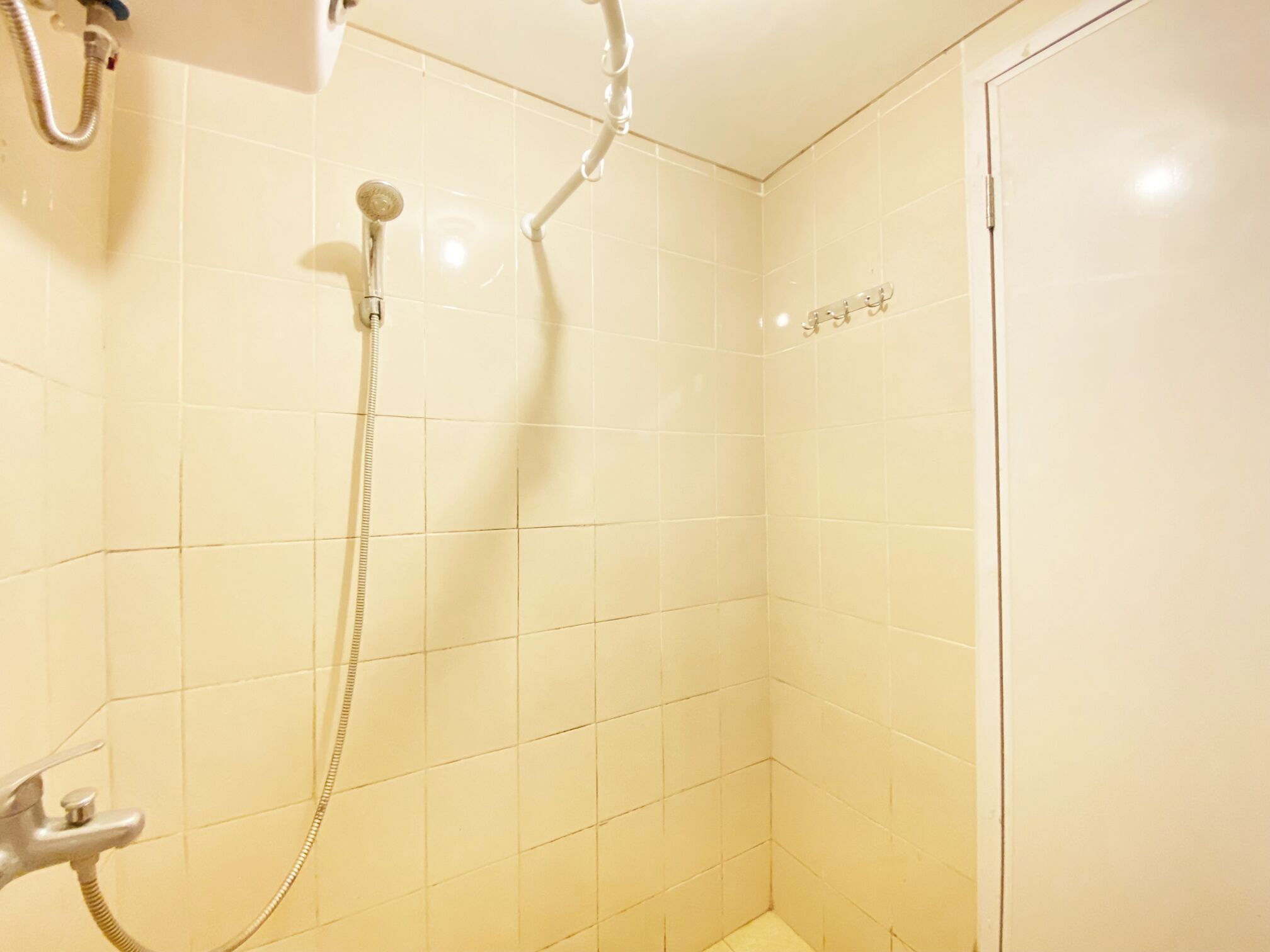 Un petit espace de douche fermé, avec des murs carrelés et une porte.
