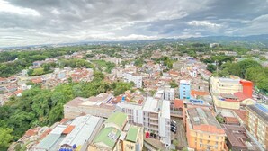 Un paysage urbain composé d’un mélange de bâtiments résidentiels et commerciaux, entouré de verdure.
