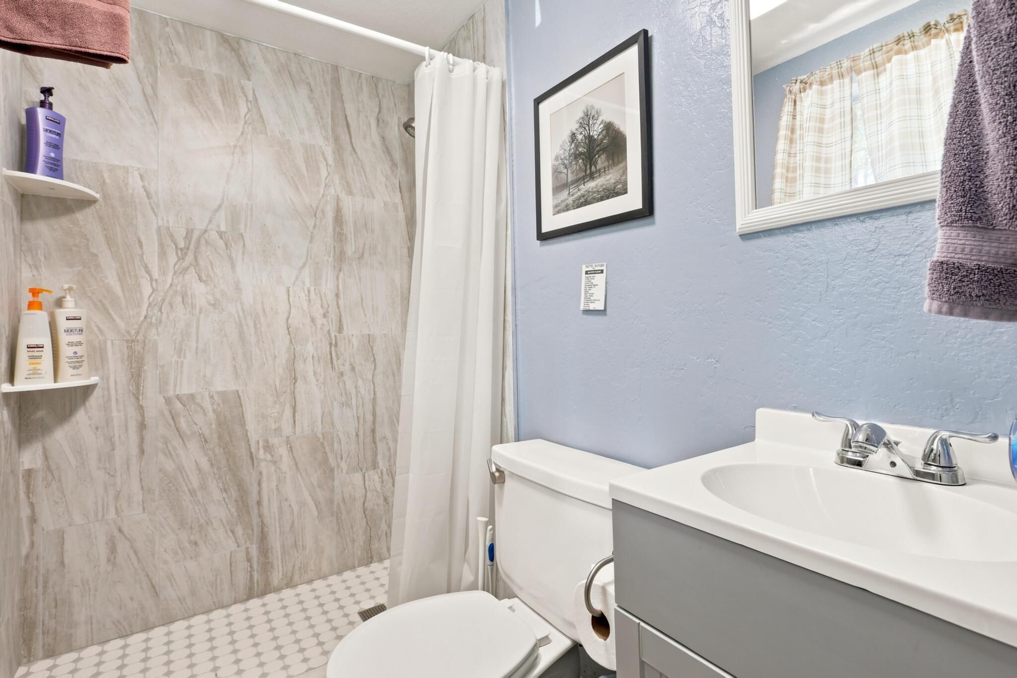 Un baño con ducha, inodoro, lavabo y un cuadro en la pared.