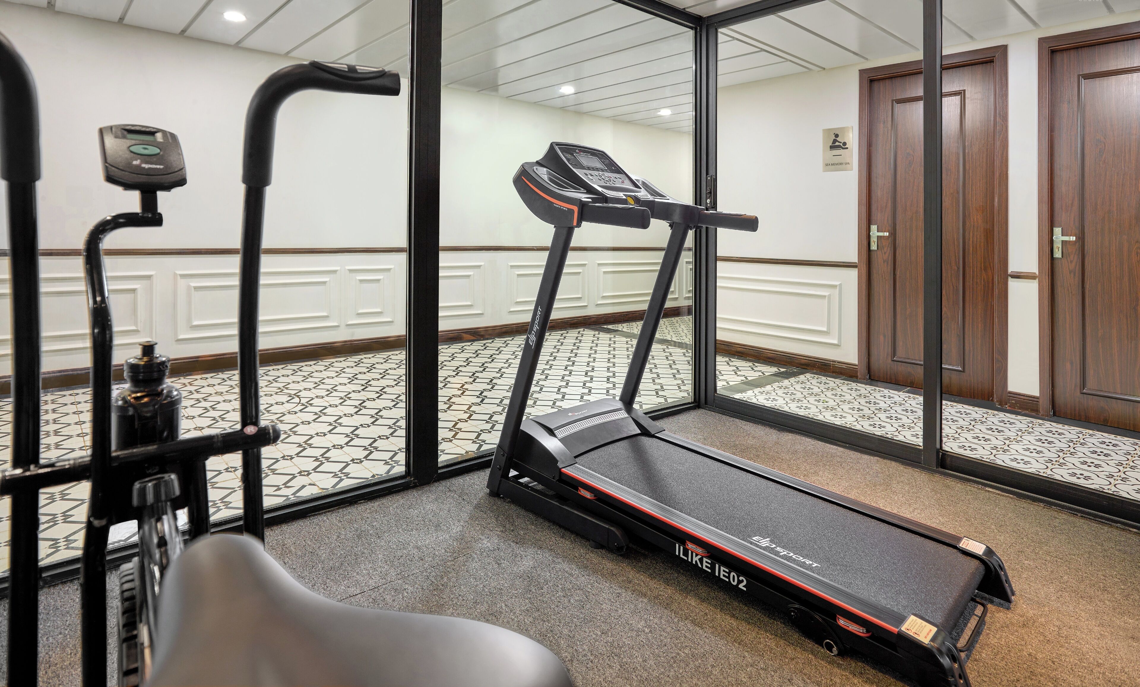 A gym with a treadmill, a stationary bike, and a rowing machine.