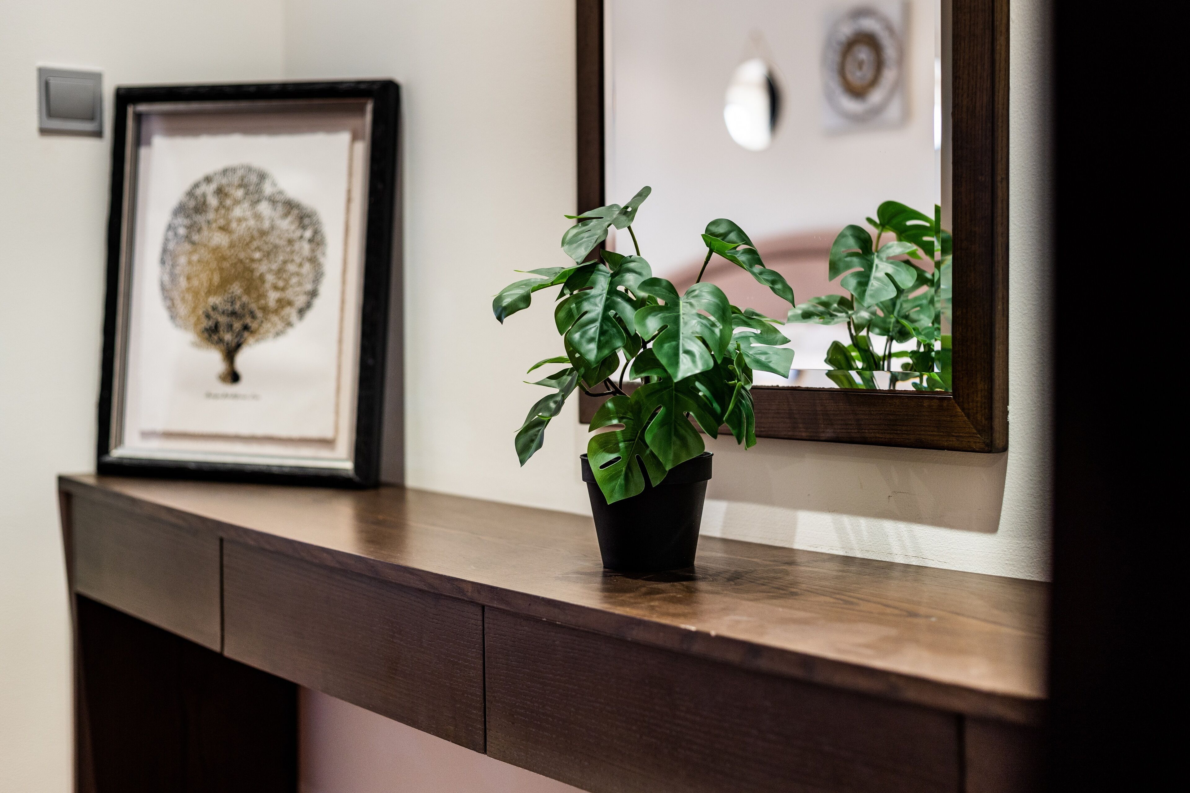 A framed artwork on a dark wooden console table, a potted plant, and a mirror reflecting part of the room.