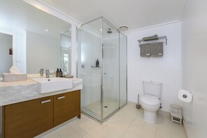 Features a glass-enclosed shower, large mirror, and marble countertop with a wooden cabinet.